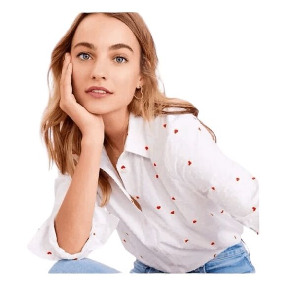 Loft Heart Print Everyday Button Down Shirt White Swiss Dot Poplin Cotton XSP - Picture 5 of 12